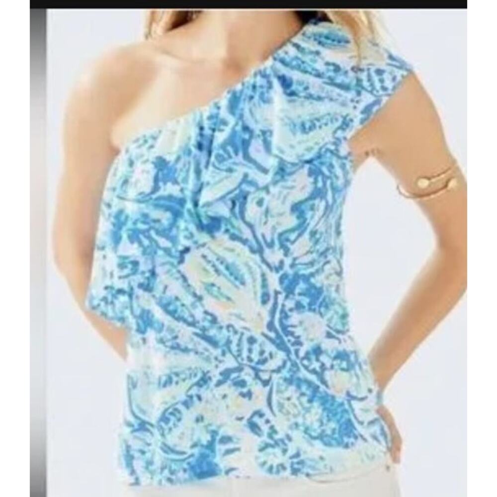 Lilly Pulitzer Shirt Womens X-Small One Shoulder Shirt Shades of Blue Beachy Fun